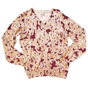 Croft & Barrow Knit LS Top Sweater Fleur Di Lis Pattern Red and Gold Sparkles